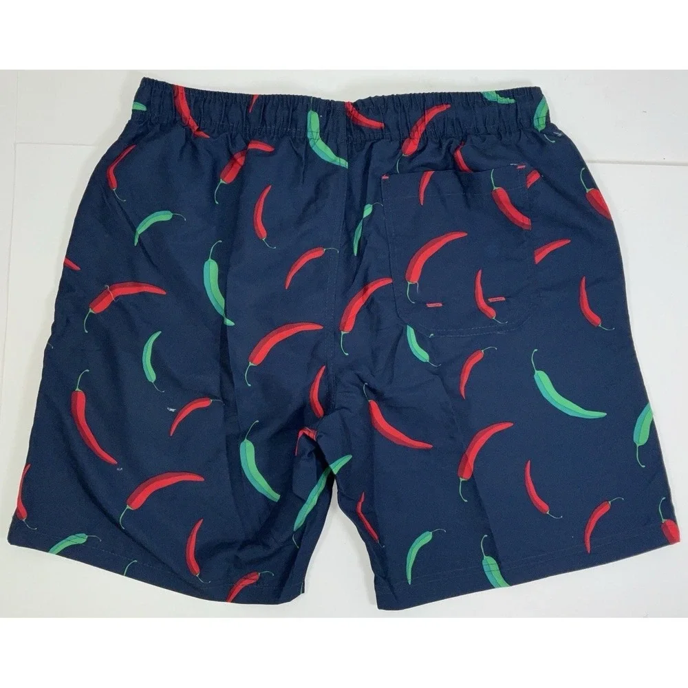 NWT Men's AK Quality Wear Lined Swim Trunks Navy Green & Red Chili Peppers‎ - M